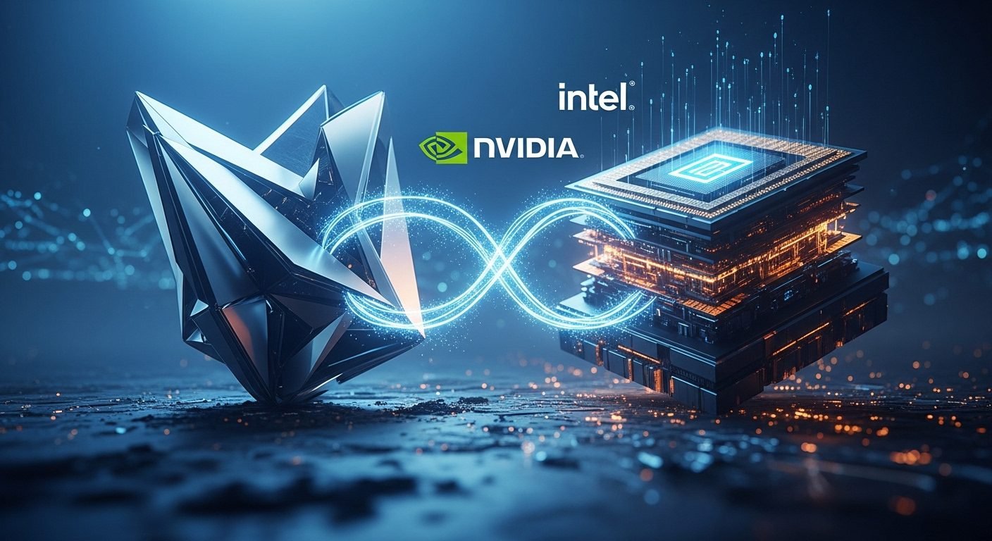 Nvidia and Intel CEOs shaking hands, symbolizing their new $5 billion strategic partnership for custom chip development focused on AI and personal computing.