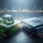 A conceptual image showing Nvidia and Intel logos intertwined, representing their strategic partnership and co-designed chips.