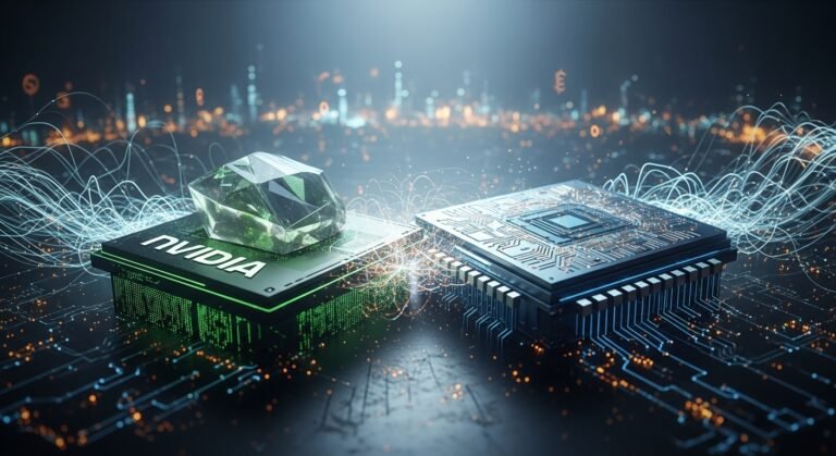 A conceptual image showing Nvidia and Intel logos intertwined, representing their strategic partnership and co-designed chips.