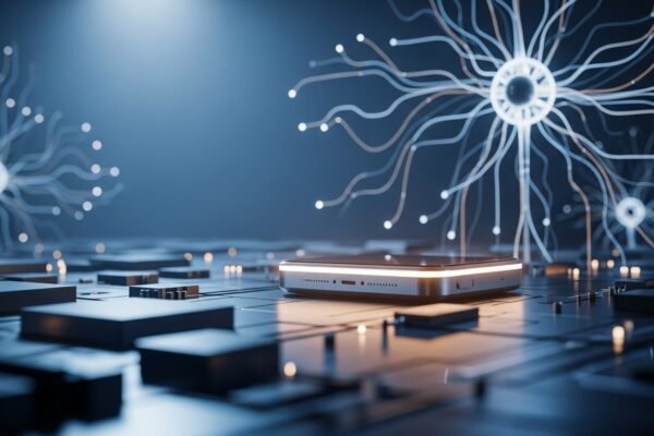 Conceptual image of a futuristic, sleek AI-powered consumer device with OpenAI's logo, against a backdrop of microchips and a subtle Apple-esque design aesthetic.