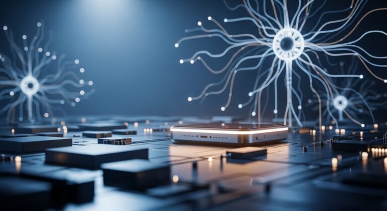 Conceptual image of a futuristic, sleek AI-powered consumer device with OpenAI's logo, against a backdrop of microchips and a subtle Apple-esque design aesthetic.