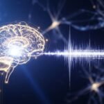 Close-up of a Neuralink N1 implant with thin threads connecting to brain tissue, symbolizing direct thought-to-text communication.