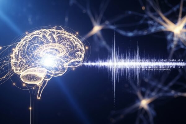 Close-up of a Neuralink N1 implant with thin threads connecting to brain tissue, symbolizing direct thought-to-text communication.