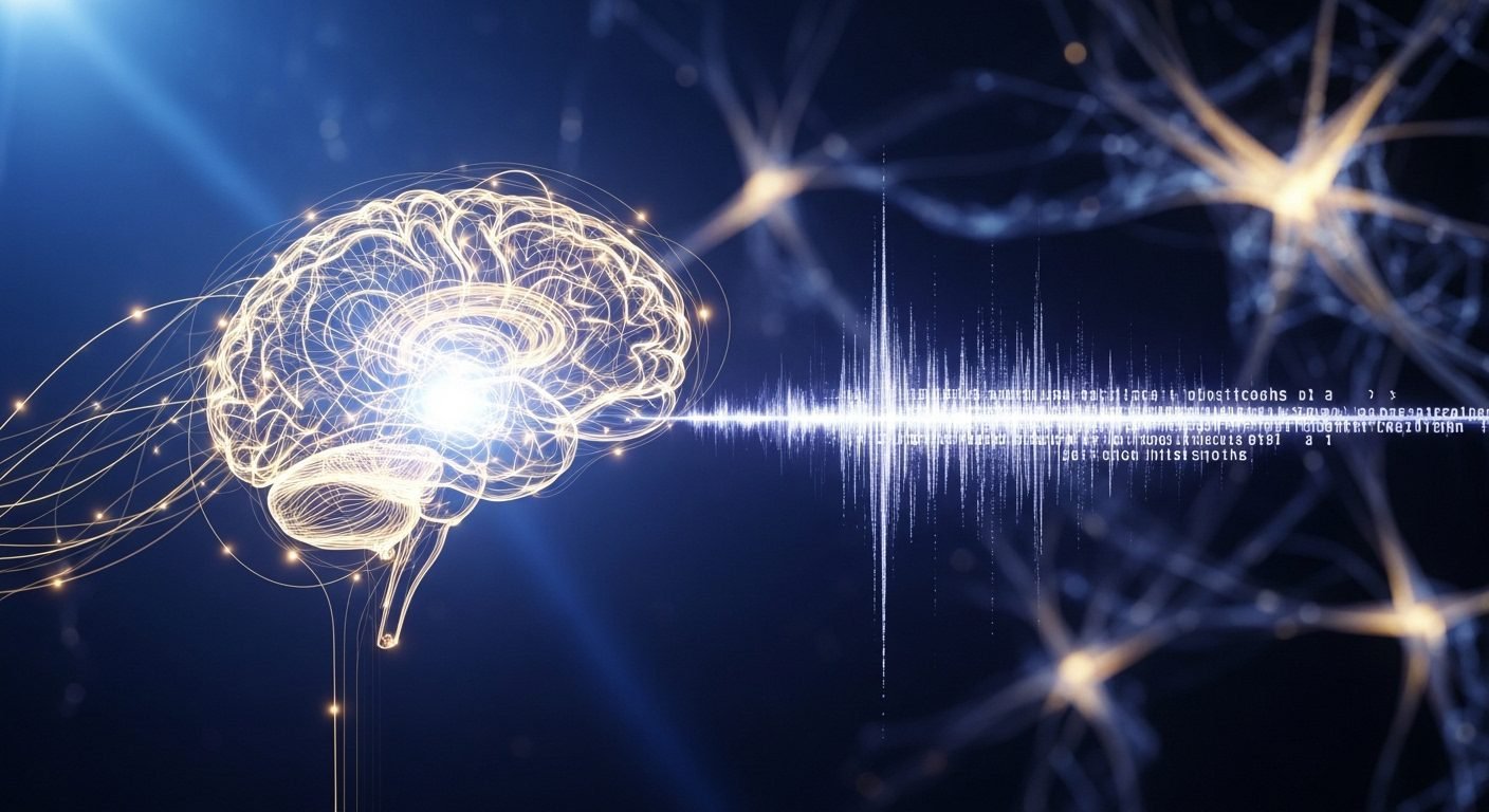 Close-up of a Neuralink N1 implant with thin threads connecting to brain tissue, symbolizing direct thought-to-text communication.