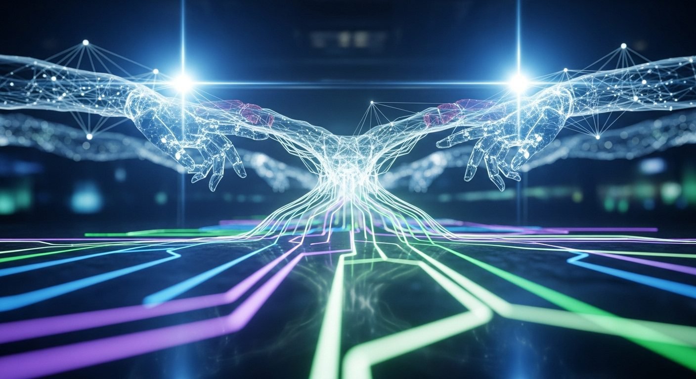 A futuristic graphic depicting AI code generation, with lines of code flowing from a glowing central intelligence, representing OpenAI's GPT-5 Codex.