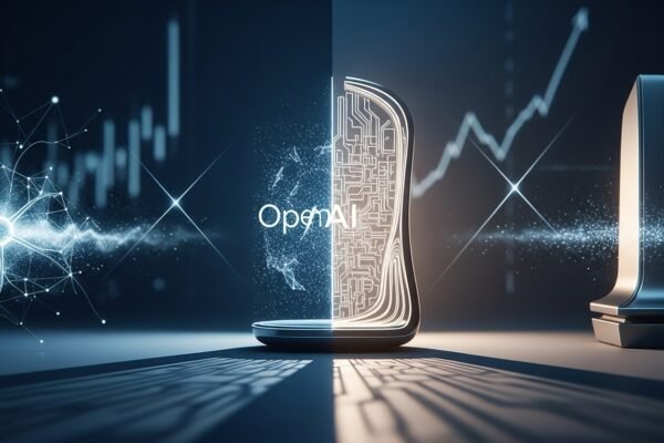 An abstract image showing futuristic AI devices merging with design elements, symbolizing the collaboration between OpenAI and Jony Ive.