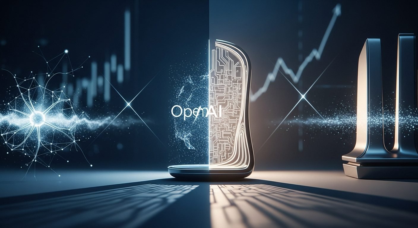 An abstract image showing futuristic AI devices merging with design elements, symbolizing the collaboration between OpenAI and Jony Ive.