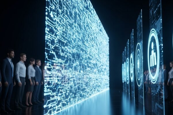 Illustration of a digital wall or barrier with a high dollar amount, representing the increased H-1B visa fee, impacting global talent flow.