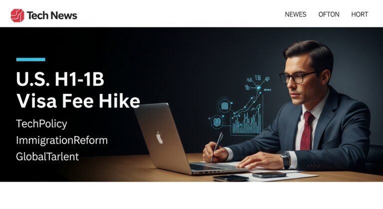 An illustration depicting a US H-1B visa application with a large dollar sign overlay, symbolizing the new $100,000 fee.