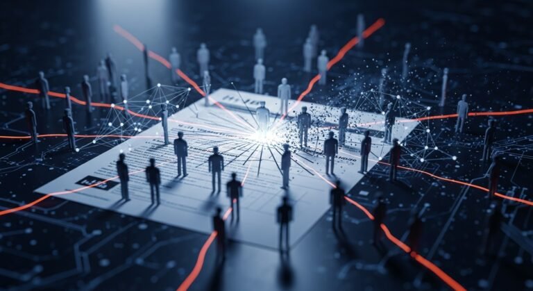 Digital illustration of H-1B visa application forms with a $100,000 fee stamp, set against a backdrop of a global map and interconnected tech networks, symbolizing policy impact on global talent.