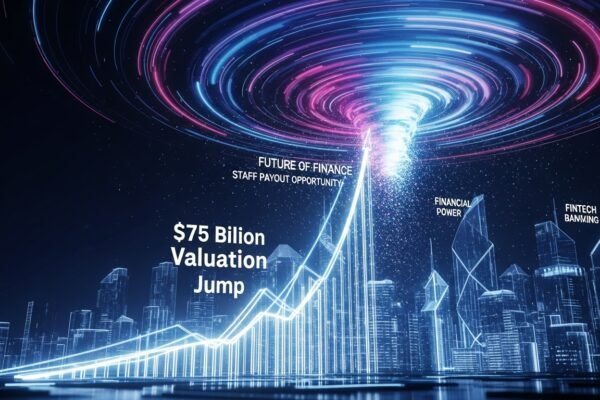 Revolut logo against a backdrop of digital financial graphs, representing the company's $75 billion valuation jump and its role in the future of fintech.