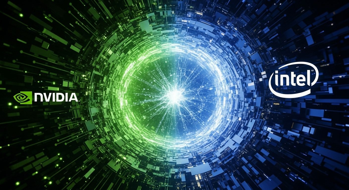 A conceptual image showing Nvidia's and Intel's logos merging or intertwined, representing their strategic partnership and investment in AI infrastructure.