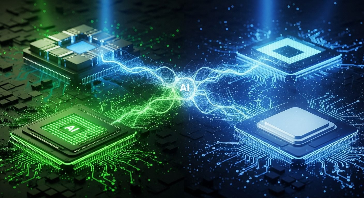 A conceptual image showing the Nvidia and Intel logos merging, symbolizing a strategic partnership in AI and computing.