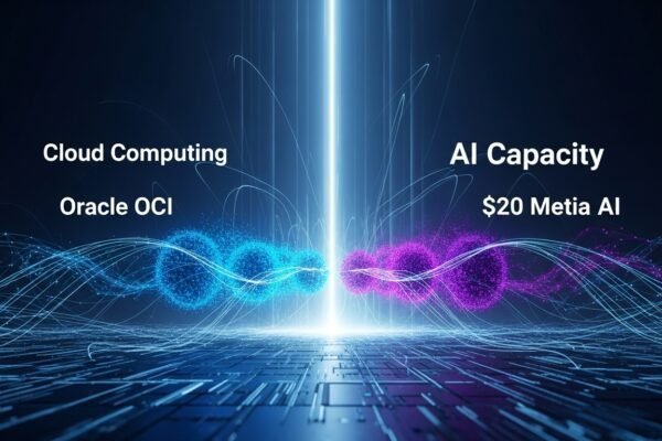 Illustration of Oracle and Meta logos intertwined, representing a cloud computing partnership with AI circuits in the background.
