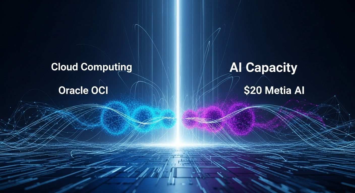 Illustration of Oracle and Meta logos intertwined, representing a cloud computing partnership with AI circuits in the background.