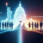 Digital illustration representing the H-1B visa program with a focus on cost, showing dollar signs and abstract figures of skilled workers