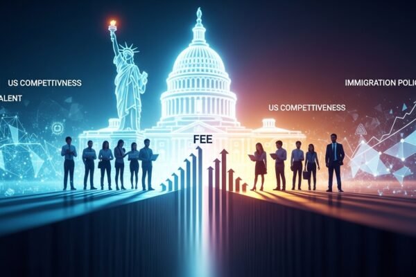 Digital illustration representing the H-1B visa program with a focus on cost, showing dollar signs and abstract figures of skilled workers