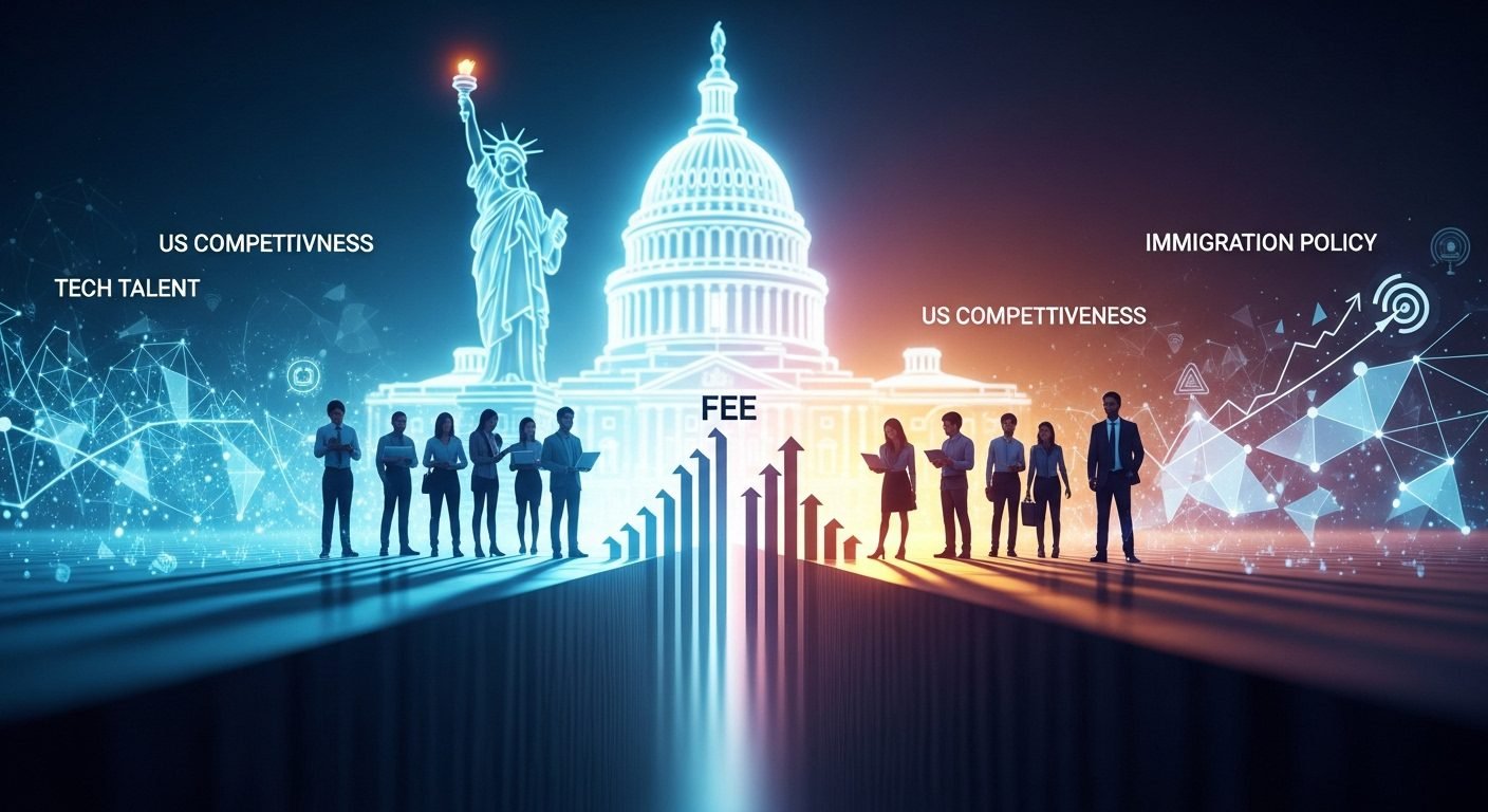 Digital illustration representing the H-1B visa program with a focus on cost, showing dollar signs and abstract figures of skilled workers