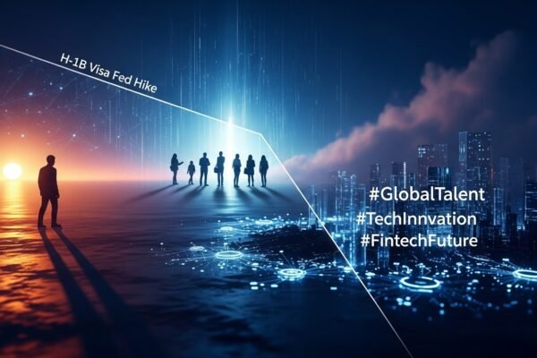 A graphic illustrating a digital barrier or gate with a dollar sign on it, symbolizing the new $100,000 H-1B visa fee impacting global tech talent flow.