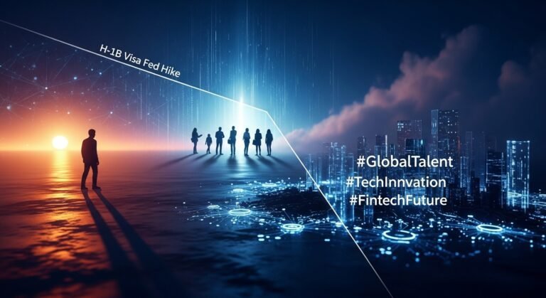 A graphic illustrating a digital barrier or gate with a dollar sign on it, symbolizing the new $100,000 H-1B visa fee impacting global tech talent flow.