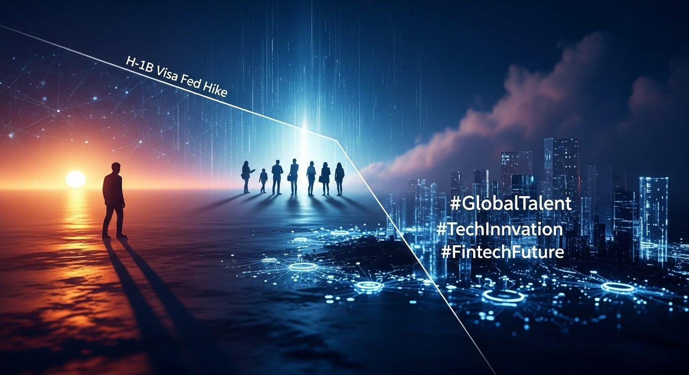 A graphic illustrating a digital barrier or gate with a dollar sign on it, symbolizing the new $100,000 H-1B visa fee impacting global tech talent flow.