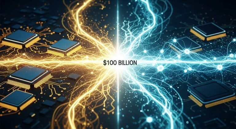 A stylized depiction of NVIDIA and OpenAI logos merging, representing a powerful strategic partnership in the AI sector.