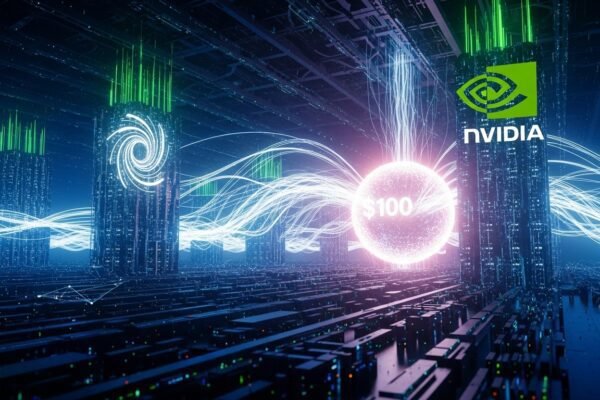 NVIDIA CEO Jensen Huang and OpenAI CEO Sam Altman shaking hands in front of a server rack, symbolizing their $100 billion AI data center investment.