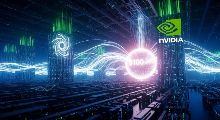 NVIDIA CEO Jensen Huang and OpenAI CEO Sam Altman shaking hands in front of a server rack, symbolizing their $100 billion AI data center investment.