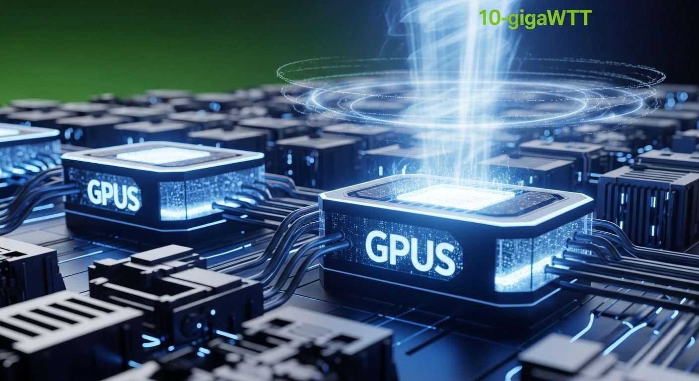 Illustration of advanced NVIDIA GPU chips and OpenAI's logo connected by a luminous network, representing a massive AI data center infrastructure project.