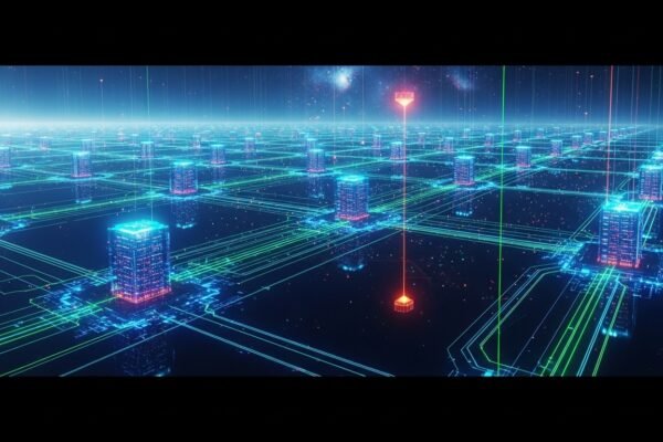 OpenAI and NVIDIA logos side-by-side, with a background image of a large data center glowing with server lights, symbolizing massive AI infrastructure.