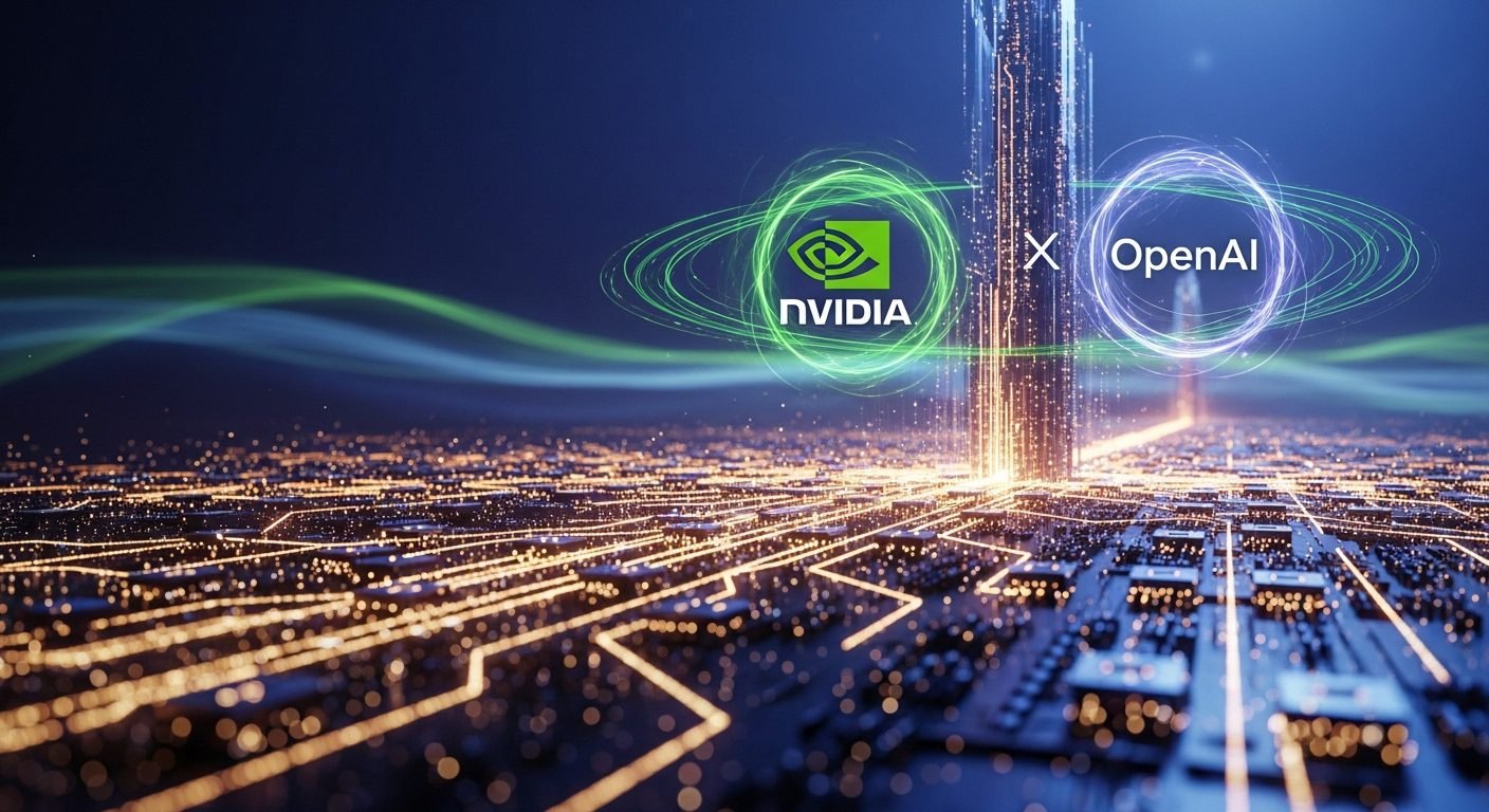 A conceptual image showing advanced NVIDIA GPUs connected in a vast, glowing network, symbolizing the 10 gigawatt AI infrastructure partnership between OpenAI and NVIDIA.