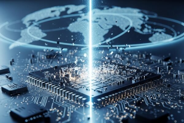 Circuit board with microchips and U.S. and China flags, symbolizing the U.S. chip crackdown and tech rivalry.