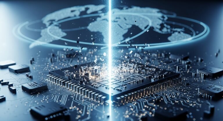 Circuit board with microchips and U.S. and China flags, symbolizing the U.S. chip crackdown and tech rivalry.