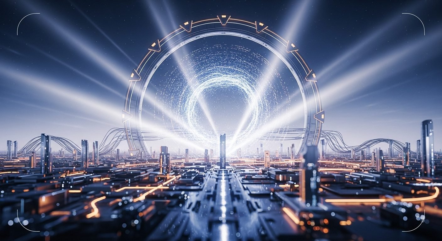 A vast, futuristic data center glowing with server lights, representing OpenAI's Stargate project.