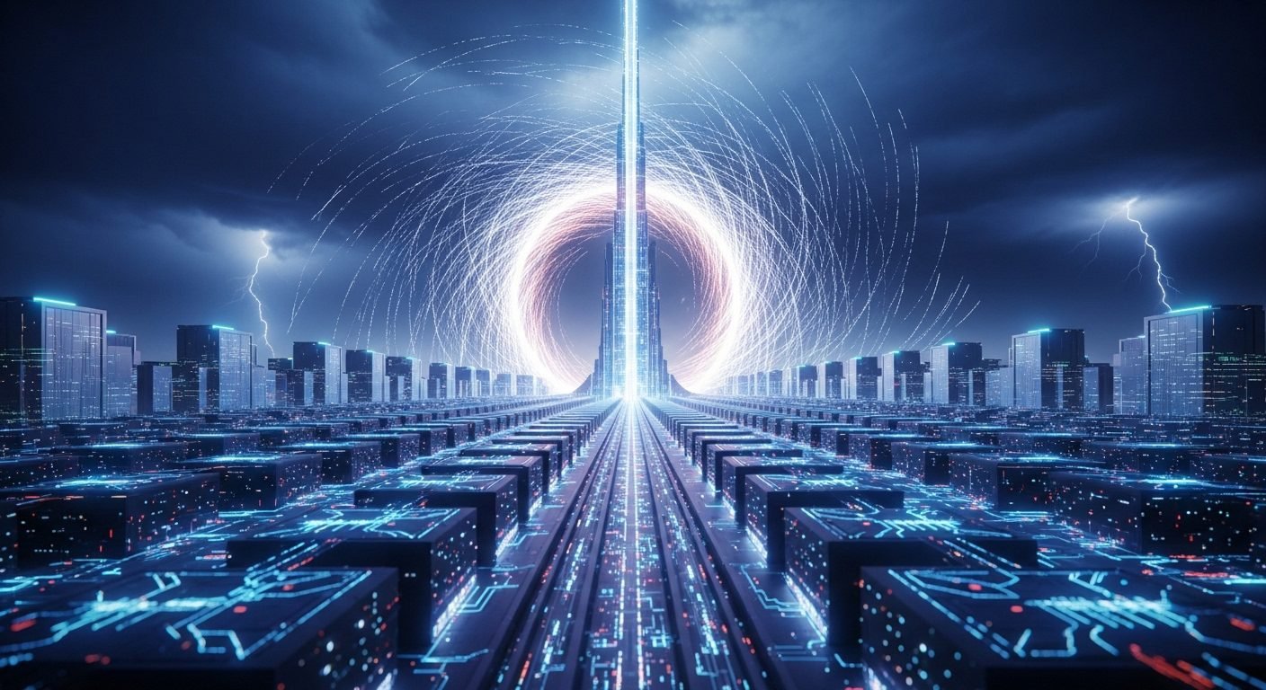 Aerial view of a massive data center complex with multiple buildings, symbolizing OpenAI's Stargate initiative and its vast scale.