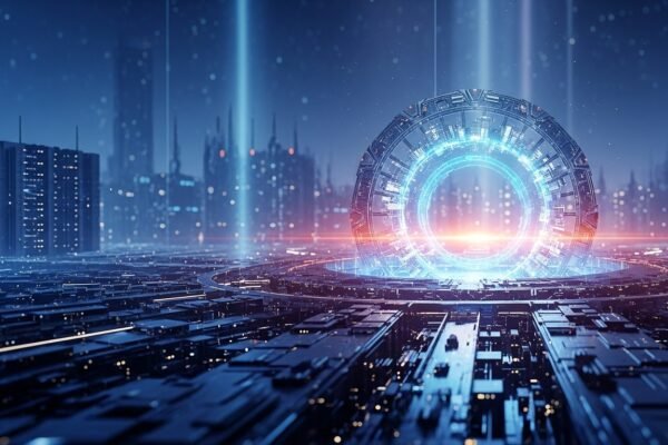 Aerial view of a massive, modern data center campus with advanced infrastructure, symbolizing OpenAI's Stargate Project.