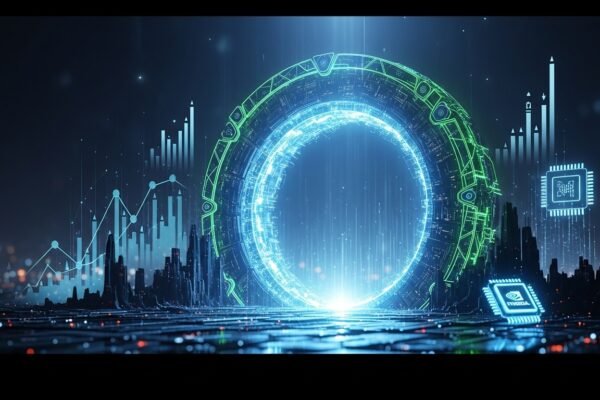 Panoramic view of a massive, futuristic AI data center facility at dusk, with glowing servers visible through glass walls and the OpenAI, Oracle, SoftBank, and NVIDIA logos subtly integrated.