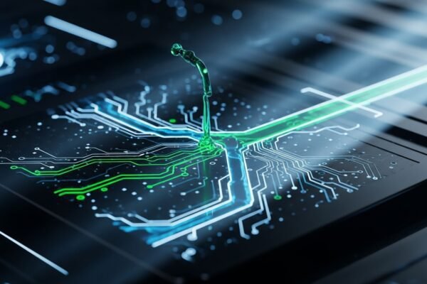 Close-up of an AI chip with intricate microfluidic channels etched into its surface, showing liquid coolant flowing through them.