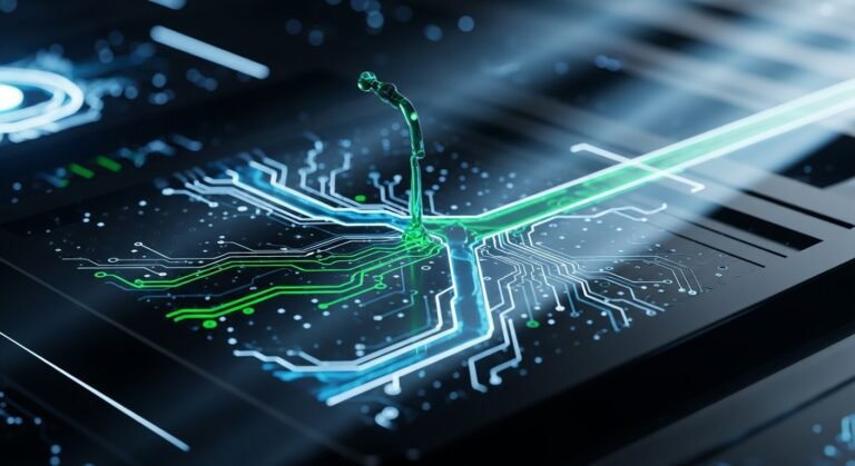 Close-up of an AI chip with intricate microfluidic channels etched into its surface, showing liquid coolant flowing through them.