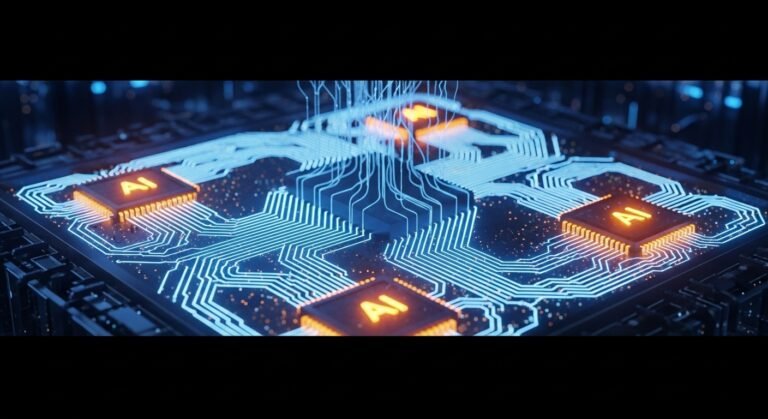 Close-up of a silicon chip with intricate microfluidic channels visible, representing Microsoft's new cooling system.