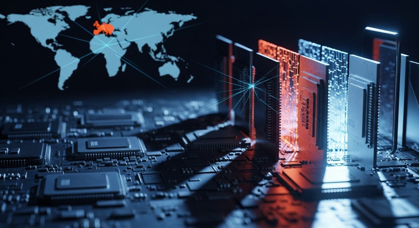 Circuit board with microchips and hands, symbolizing the impact of US chip export controls on the semiconductor industry and consumer electronics.