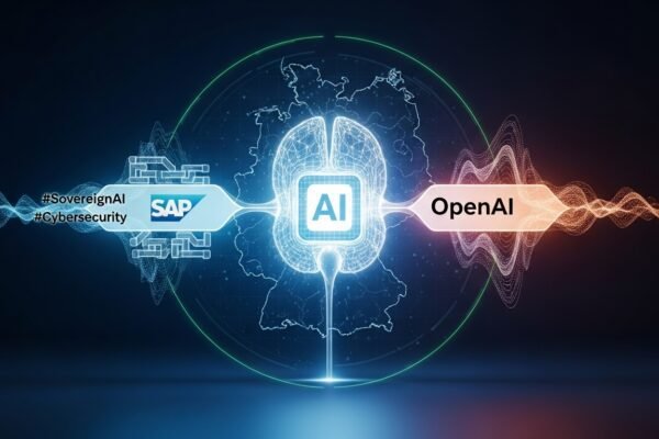 Illustration showing the German flag integrated with a circuit board design, symbolizing digital sovereignty and AI innovation, with the logos of SAP, OpenAI, and Microsoft subtly integrated.