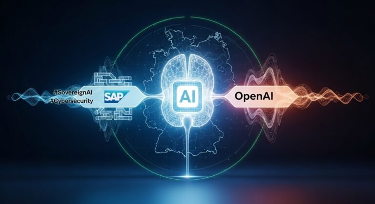 Illustration showing the German flag integrated with a circuit board design, symbolizing digital sovereignty and AI innovation, with the logos of SAP, OpenAI, and Microsoft subtly integrated.