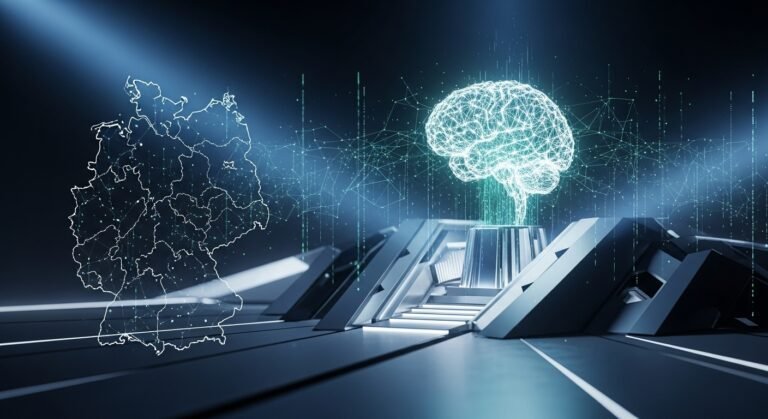 SAP CEO Christian Klein and OpenAI CEO Sam Altman shaking hands, with a backdrop of a stylized German flag, symbolizing their partnership to bring sovereign AI to Germany's public sector.