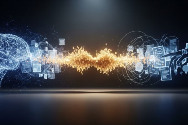 Illustration depicting a legal gavel striking down on a stack of books with digital data streams emanating from them, symbolizing copyright law impacting AI data acquisition.