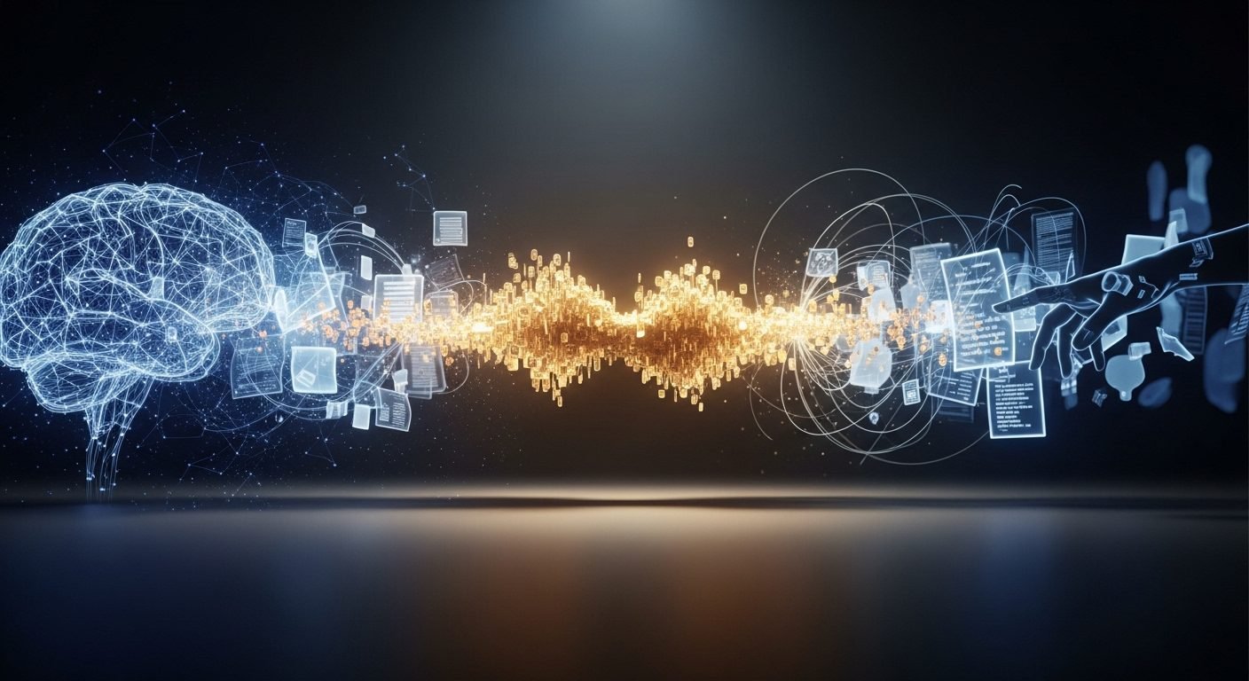 Illustration depicting a legal gavel striking down on a stack of books with digital data streams emanating from them, symbolizing copyright law impacting AI data acquisition.