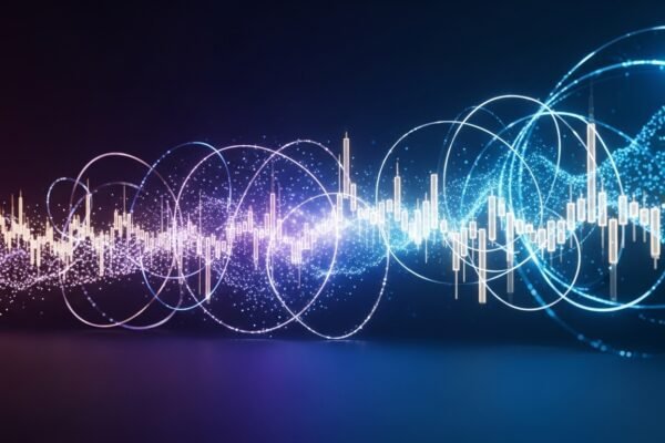 Conceptual image of quantum bits (qubits) and financial market data flowing through a digital network, symbolizing the integration of quantum computing in finance.