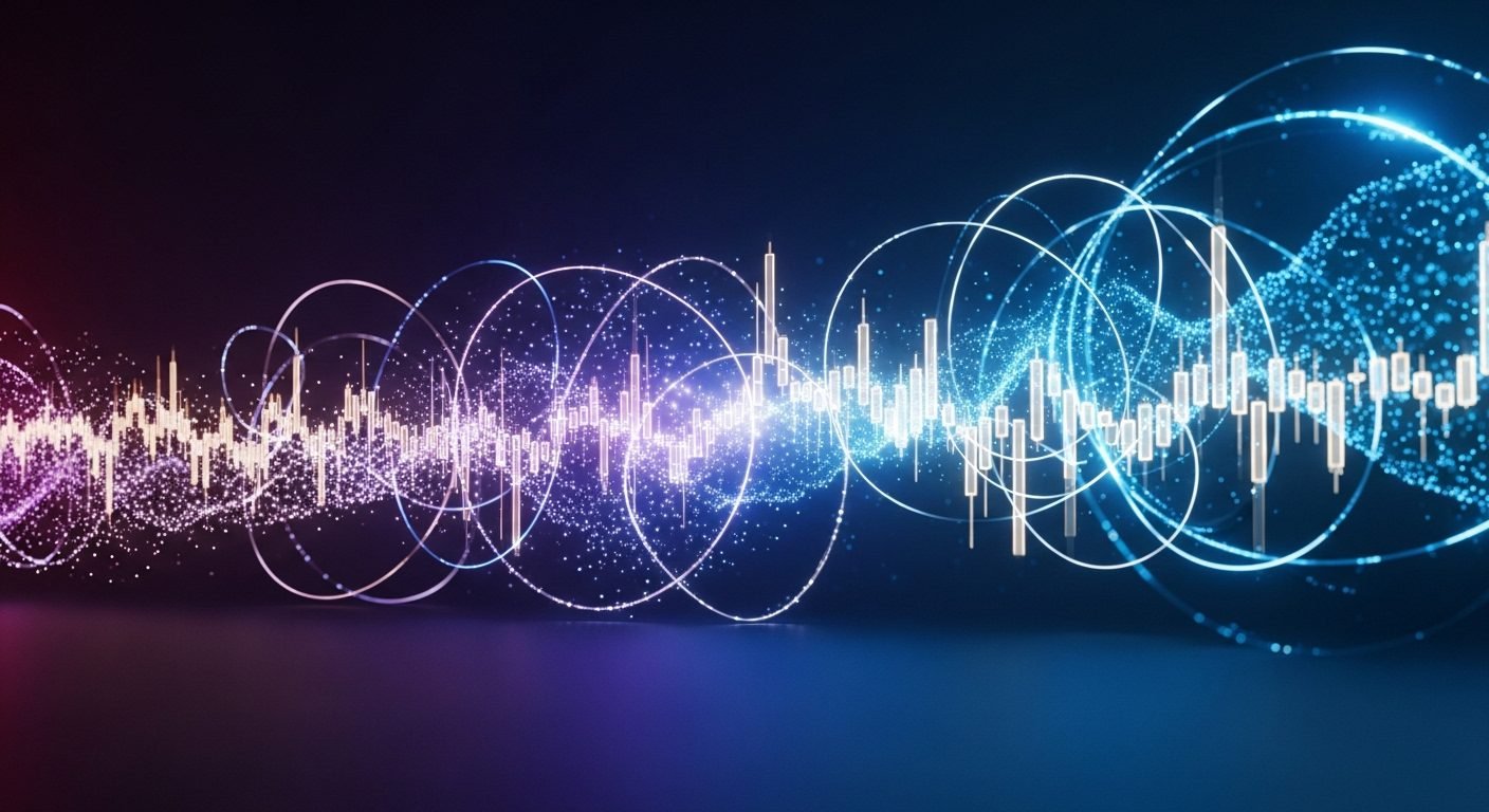 Conceptual image of quantum bits (qubits) and financial market data flowing through a digital network, symbolizing the integration of quantum computing in finance.