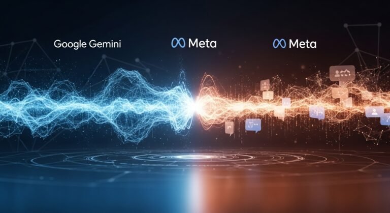 Digital illustration showing Meta's stylized 'M' logo merging with Google's colorful 'G' logo, surrounded by abstract AI circuits, symbolizing a technology partnership.