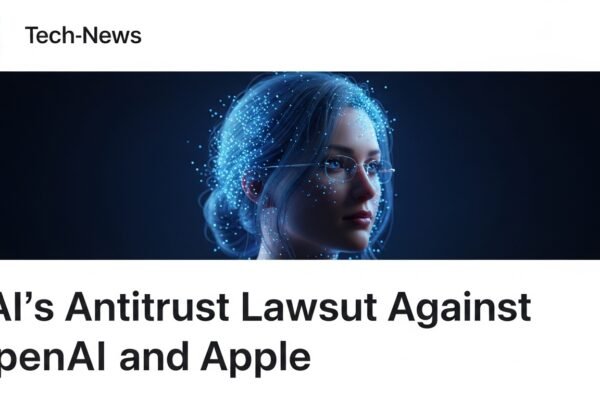 A stylized image depicting a courtroom gavel striking against a backdrop of intertwining Apple, OpenAI, and xAI logos, symbolizing the antitrust lawsuit.